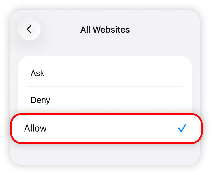 Allow button highlighted in the all websites tab