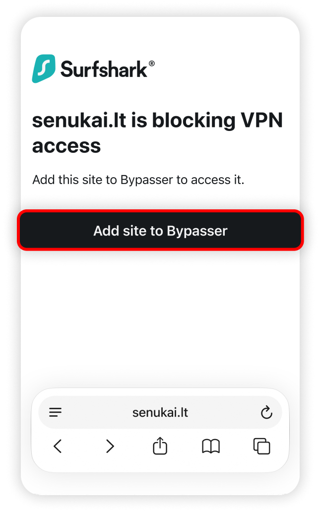 Add site to Bypasser button highlighted in the Safari browser