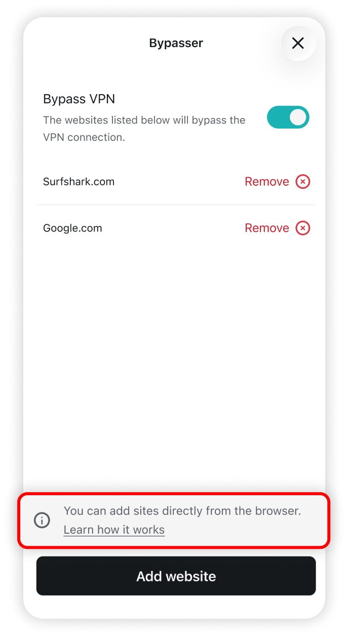 You can add sites directly from the browser button highlighted in the Bypasser settings