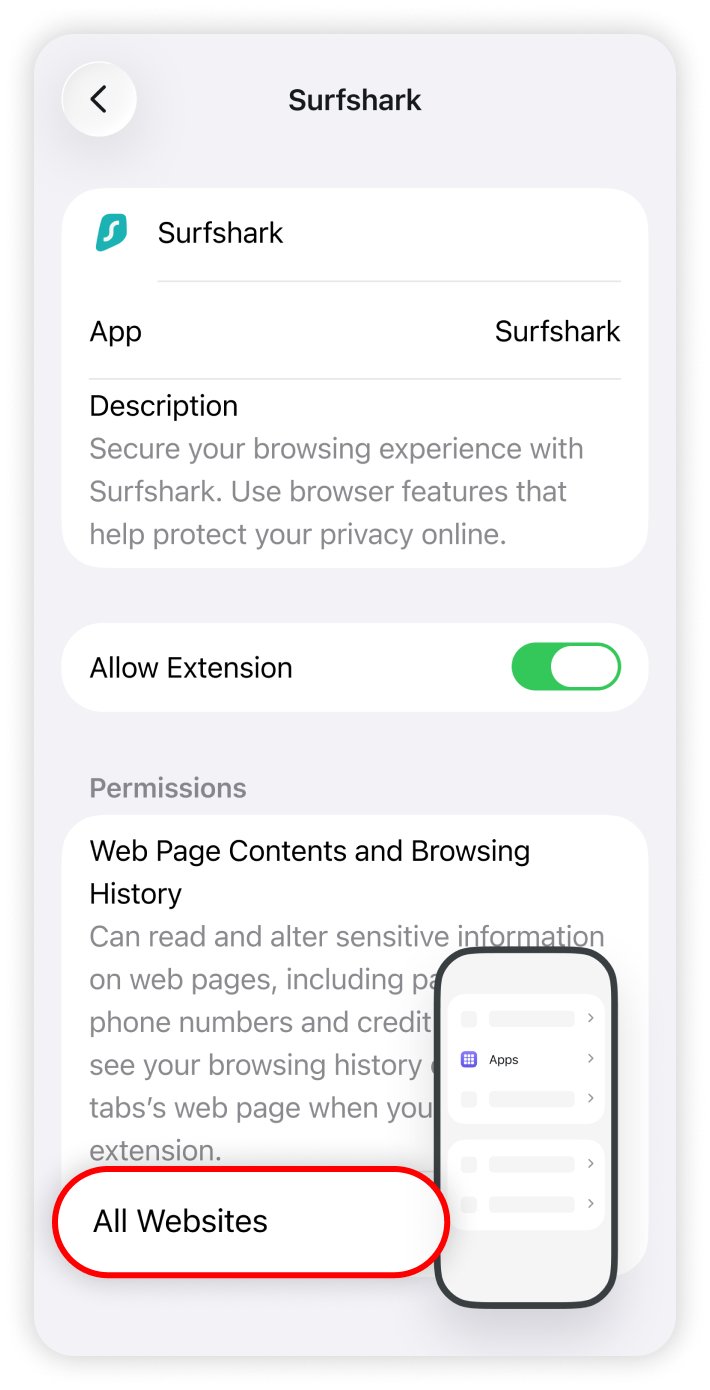 All websites button highlighted in the Safari extension settings